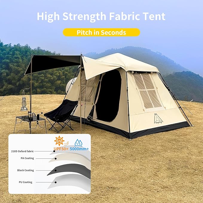 TENPLAY 2-4Person Instant Cabin Tent,Portable Pop Up Tent,One-Touch,Setup with 60s,Spacious Interior,BlackCoating,Waterproof5000mm,Includes Rainfly,Canopy, Blackout Tents for Camping,Hiking,Family