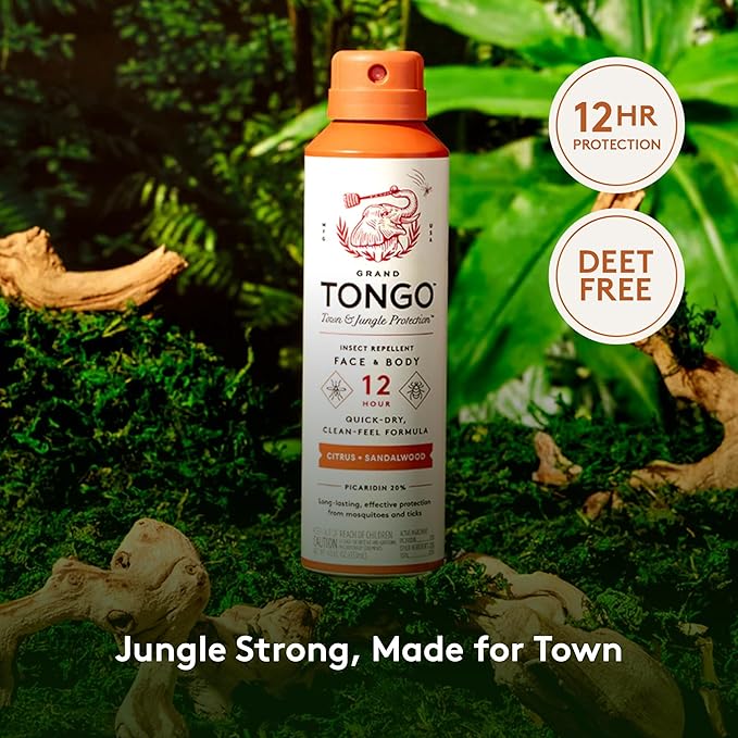 Grand Tongo Citrus + Sandalwood Insect Repellent, 12-Hour Mosquito & Tick Protection, Picaridin-Based, Water-Based, Lightweight, Quick-Drying, Vanishing Scent, DEET Alternative, Face & Body Use,3 Pack