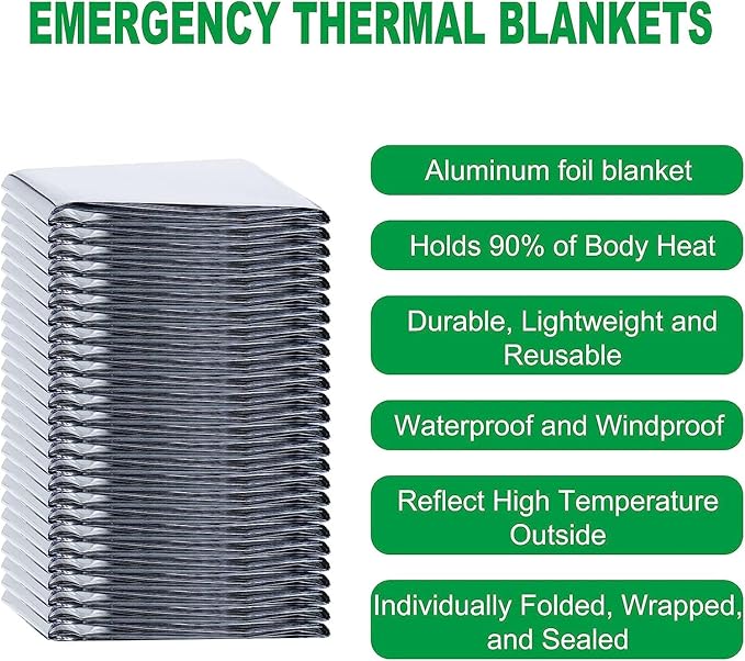 SearQing Emergency Mylar Thermal Blankets Space Blanket(50 Pack)-Camping Blanket Designed for Outdoors, Hiking, Survival, Marathons, Retain Body Heat(Silver Color)