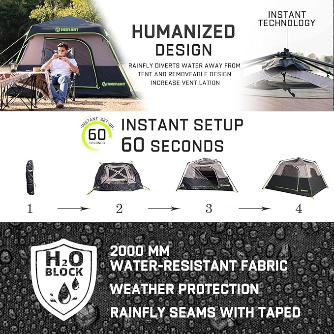 4/6/8 Person Instant Tent, Waterproof Pop Up Tents for Camping with Rainfly, 60 Seconds Easy Setup, Automatic Cabin Tent for Family Camping with Expandable Carry Bag & Upgraded Ventilation