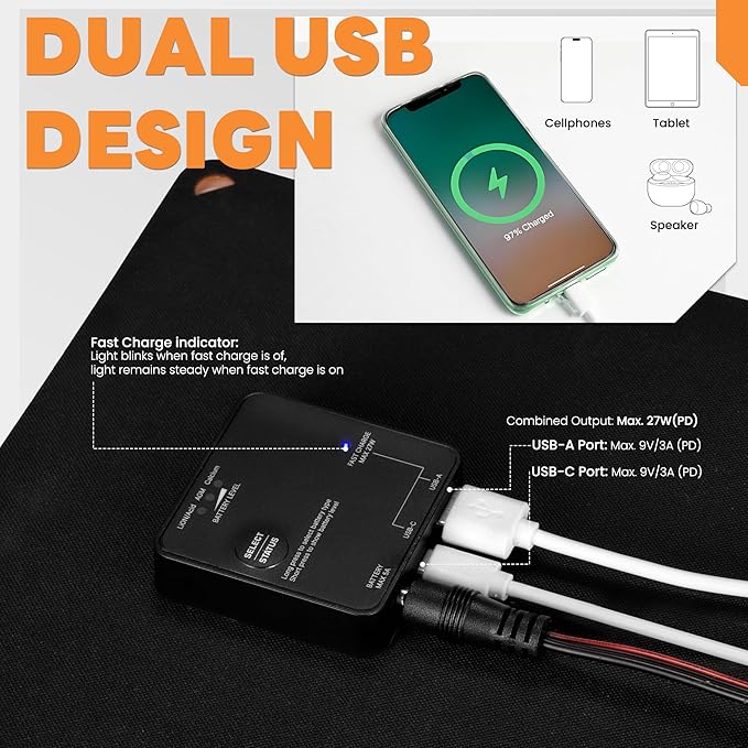 FieryRed 30W Folding Solar Battery Trickle Charger Maintainer, 2-in-1 Portable 12V Solar Trickle Charger with Built-in Charge Controller, Dual USB Fast Charging for Car Truck Boat Automotive Camping