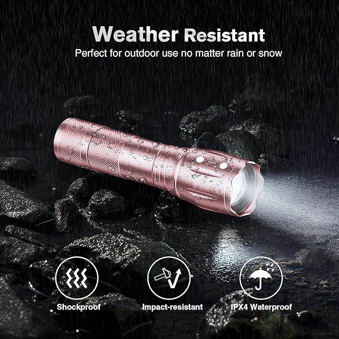 RECHOO LED Flashlight 2 Pack Pink, Tactical Flashlights High Lumens with 3 Modes, Pocket Small Flash Light, Waterproof Zoomable Flashlights for Home Emergency, Camping Essentials (Battery Included)