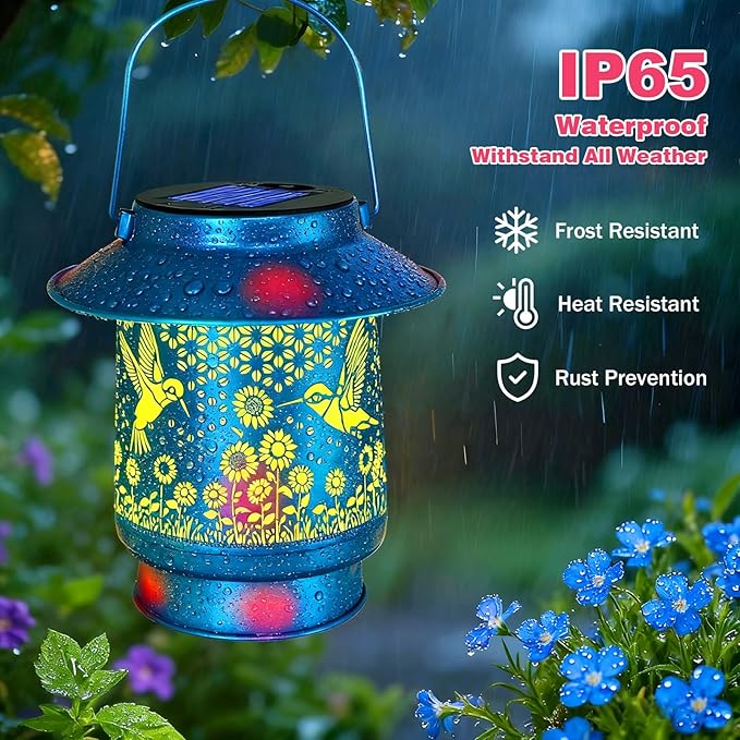 Hummingbird Solar Lanterns Outdoor Waterproof Brim,Garden Decor Birthday Gifts for Women Mom Grandma,Blue Spray Paint Metal Hanging Solar Lights Outside Decorative for Yard Patio Backyard Pathway