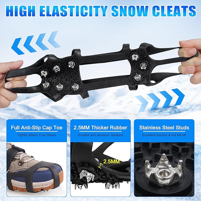 Ice Cleats for Shoes and Boots Snow Traction Cleats Crampons for Walking on Snow and Ice 9 Studs Non-Slip Overshoe Rubber Anti Slip Crampons Slip-on Stretch Footwear Winter Hiking Climbing Ice Fishing