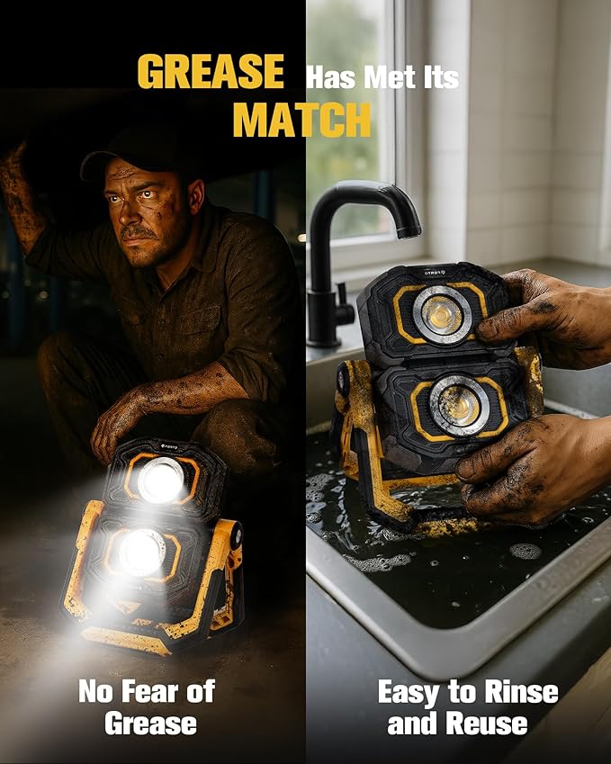 FORTO Magnetic Work Light Rechargeable – Dual Light Source, Oil-Resistant & 360° Rotating with Dual Stands for Garage, Car Repair, Workshop & Job Site (Yellow)