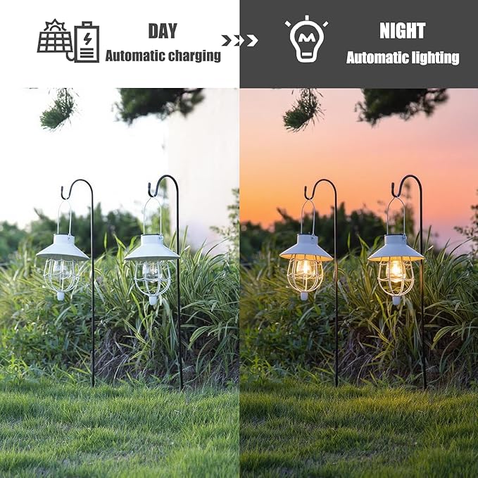 YAKii 2 Pack Solar Lantern Hanging Waterproof Outdoor Metal Solar Lamp with Warm White Light Decorate for Yard Garden Pathway Patio Porch Decor (White)