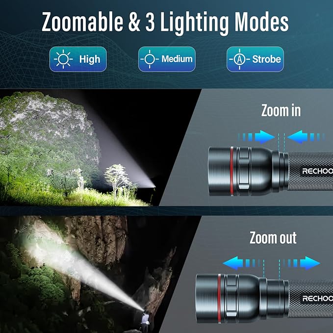 Rechargeable Flashlights High Lumens, G1000 Super Bright Flash Light Grey, Small Zoomable LED Flashlight with 3 Lighting Modes, Portable Tactical Flashlight for Camping Essentials (Battery Included)
