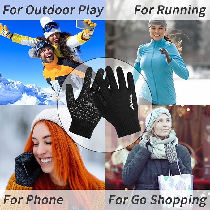 Achiou Winter Gloves for Men Women, 2 Pairs Touch Screen Texting Warm Running Gloves Thermal Soft Knit Lining, Elastic Cuff