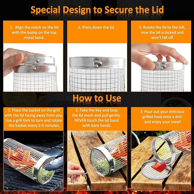 Rolling Grill Baskets (2PCS), Stainless Steel Grill Basket, Dishwasher Safe BBQ Grill Accessories Portable Grill Baskets for Outdoor Grill for Fish, Shrimp, Meat, Vegetables, Fries Outdoor Cooking Camping