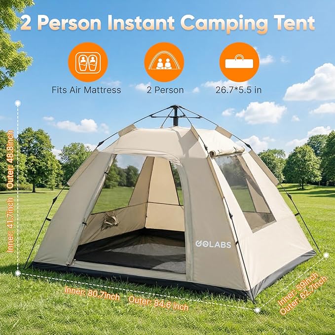 Golabs Pop Up Camping Tent for 2/3/4 Person, 1-Min Setup by Pre-Attached Pole, 4 Side Mesh& Door for View/Airflow, CT2 Instant Canopy Tent with PU1500mm Waterproof, for Outdoor/Camping/Music Festivals
