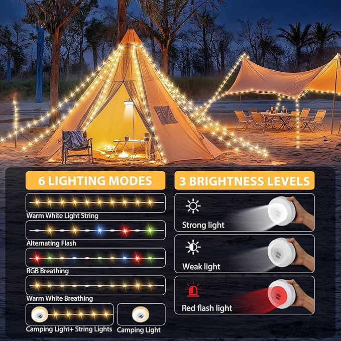 2Pack Camping String Lights, 4 in 1 Quick Storage Camping Essentials Gear 32.8FT Rechargeable Tent Lights with 9 Modes Warm +RGB Waterproof Camp Lamp for Hiking Patio Garden Festival Outdoor Decor