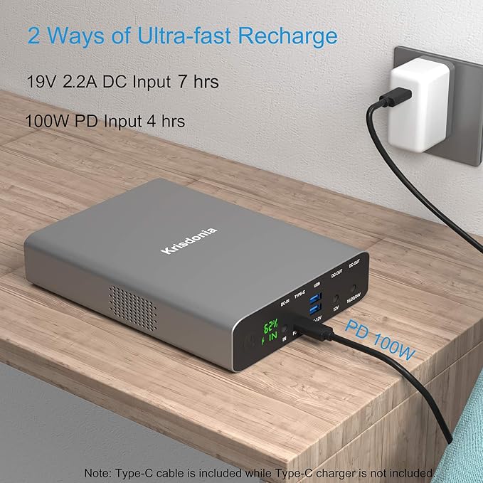 Krisdonia Portable Laptop Charger 64000mAh 100W PD Power Bank - 1x USB-C (Input 60W Output 100W)- 2X DC (Up to 24V)- 2X QC3.0 USB-A (18W) Compatible with USB-C Laptop, MacBook Pro, Dell XPS and More