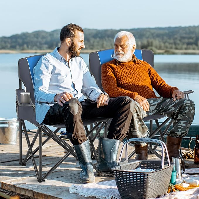 Oversized Folding Camping Chair for Adults - 450lbs Support - Heavy Duty Portable Lawn Chairs with Side Pocket Cup Holder Cooler Bag for Sports Garden Beach Fishing, Blue 2 Pack