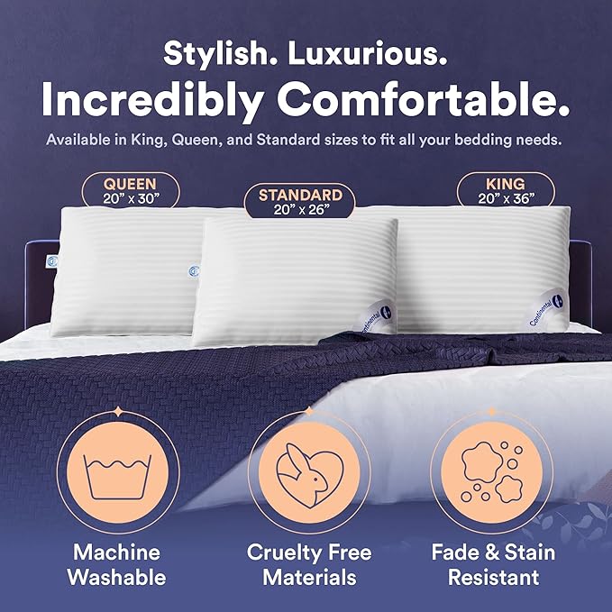 Continental Bedding | Serenity Goose Down Pillow | 700 Fill Power Hungarian White Down | 400TC Cotton Damask Shell | Made in USA | Soft, Standard (Pack of 2), 2 Count