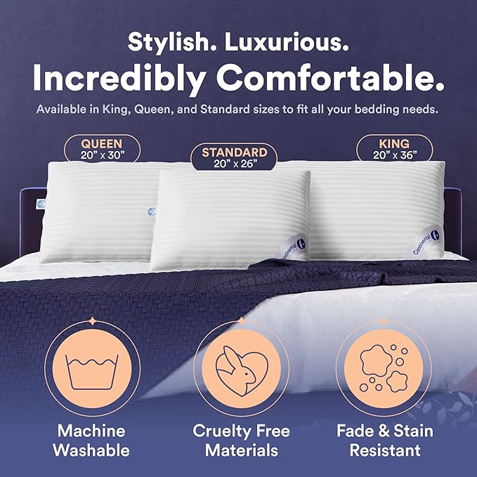 Continental Bedding | Serenity Goose Down Pillow | 700 Fill Power Hungarian White Down | 400TC Cotton Damask Shell | Made in USA | Firm, Queen (Pack of 1)