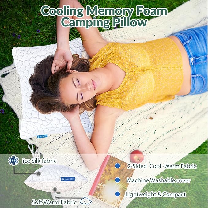 QUTOOL Small Travel Pillows for Sleeping, Cooling Memory Foam Camping Pillow, Backpacking for Hiking Gear, Portable Pillow with Travel Storage Bag, Camping Essentials for Adults Kids