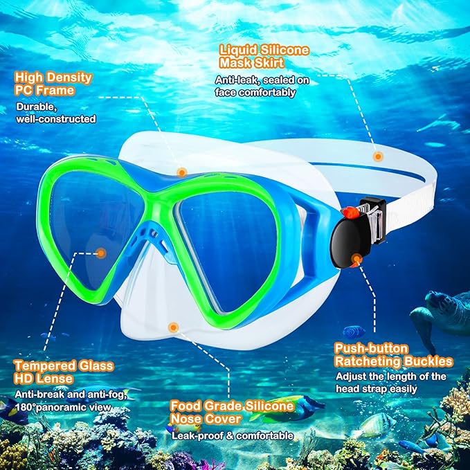 Kids Snorkel Set Dry Top Snorkeling Gear for Kids Boys Girls Youth Junior Age 5-15, Anti-Fog Anti-Leak Snorkel Mask Scuba Diving Mask Swimming Goggles with Nose Cover