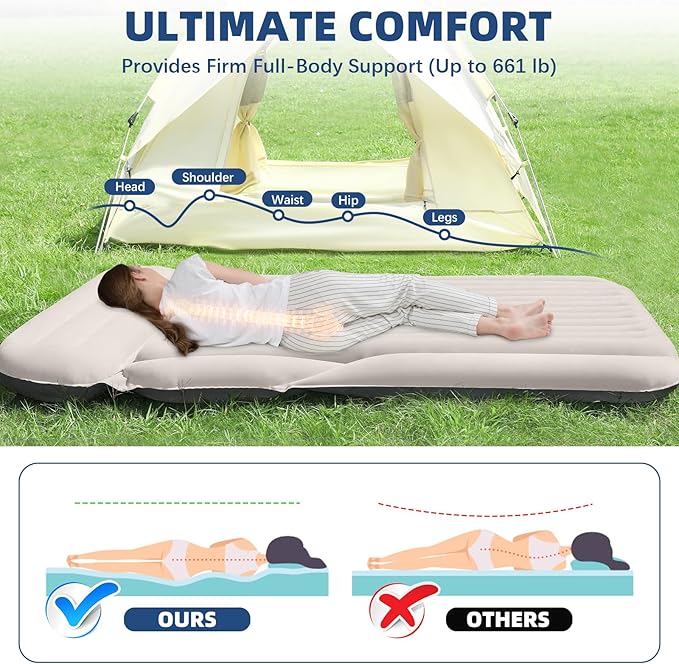 KMZ SUV Air Mattress Thickened Double Flocking Camping Mattress Upgraded Portable Sleeping Car pad Comfortable Inflatable Travel Bed with External Pump and 2 Pillows（Off-White and Light Gray）
