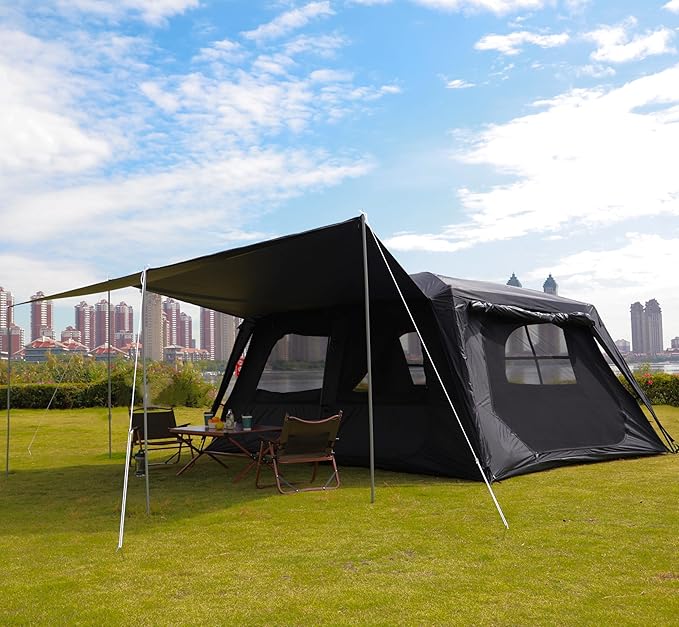 KTT Extra Large Tent 12 Person,Awning Family Cabin Tents,2 Rooms,3 Doors and 3 Windows with Mesh,Straight Wall,Waterproof,Double Layer,Big Tent for Outdoor,Picnic,Camping,Family Gathering