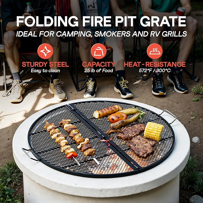 IDZO 36-Inch Foldable Fire Pit Grill Grate, Heavy-Duty Steel BBQ Grill, Cooking Grate with Handles, Portable Charcoal Grill for Campfire Cooking, Outdoor Stove Compatible, Black
