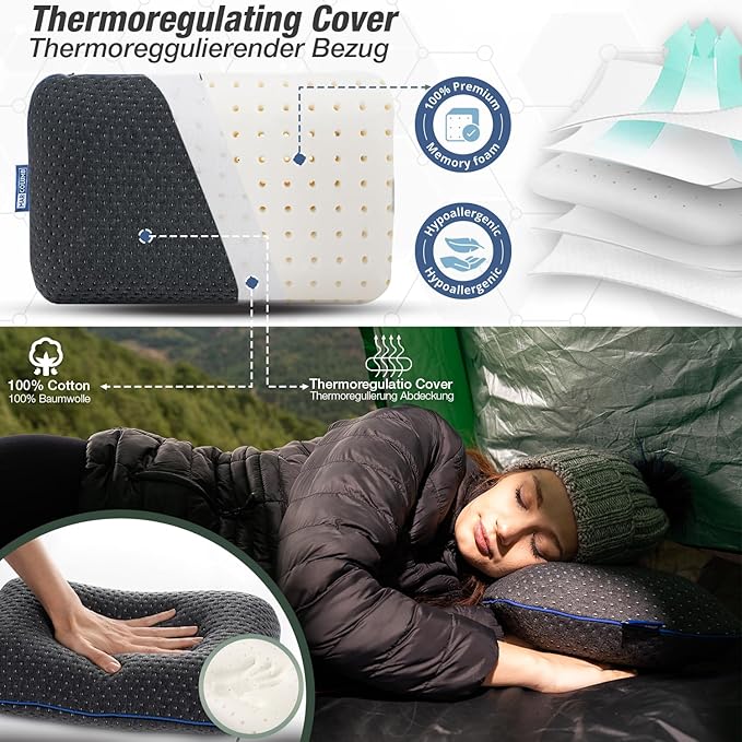 Travel & Camping Comfortable Memory Foam Pillow – Easy to Carry Portable Bag – Temperature Regulating Pillow Case - Perfect for Travelling (Grey)