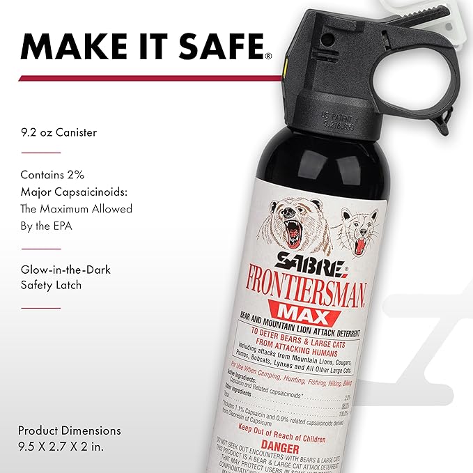 SABRE Frontiersman MAX Bear Spray – 40 ft Range, Maximum Strength, The Only EPA-Registered Spray for Bears & Mountain Lions, 9.2 oz, Glow Safety Clip, Outdoor Hiking & Camping Protection