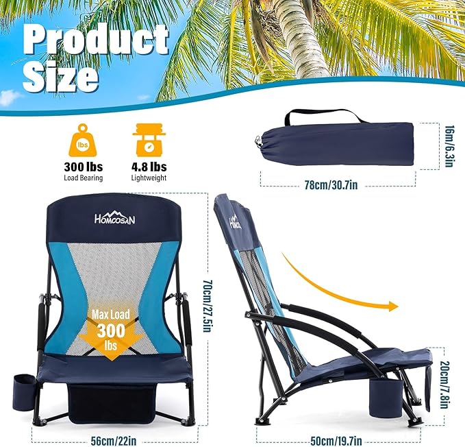 Homcosan Portable Low Folding Beach Chairs Set of 2 - Lightweight Camping Chairs for Adults with Cup Holder & Storage Pockets, Carry Bag Included (Navy & Blue)