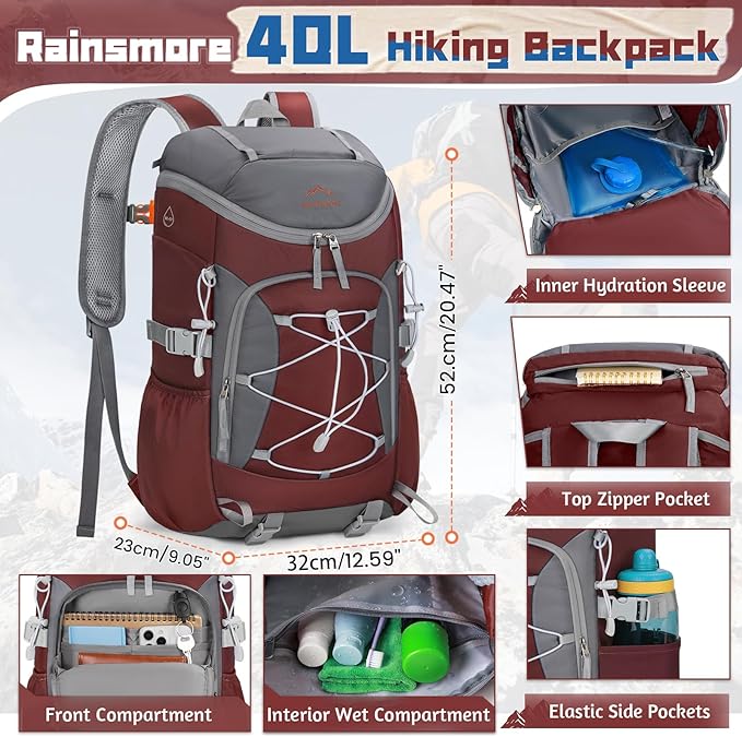 RAINSMORE Foldable Hiking Backpack for Women Men Packable Camping Backpack 40L Waterproof Hiking Daypack Bag Lightweight Collapsible Daypack for Travel Trekking Mountaineering Large Capacity Red