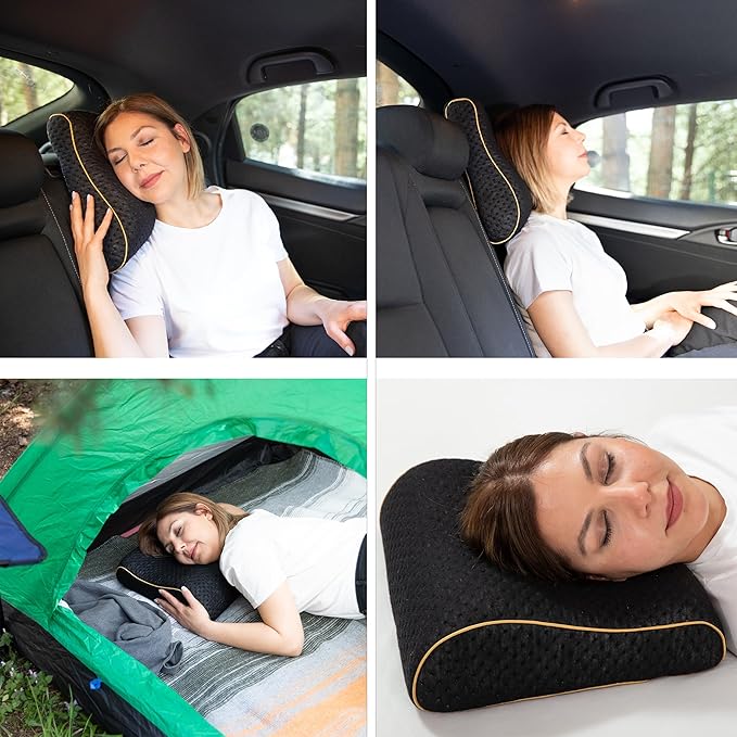 alkamto Travel & Camping Comfortable Memory Foam Pillow – Easy to Carry Portable Bag – Temperature Regulating Pillow Case (Black Contour)