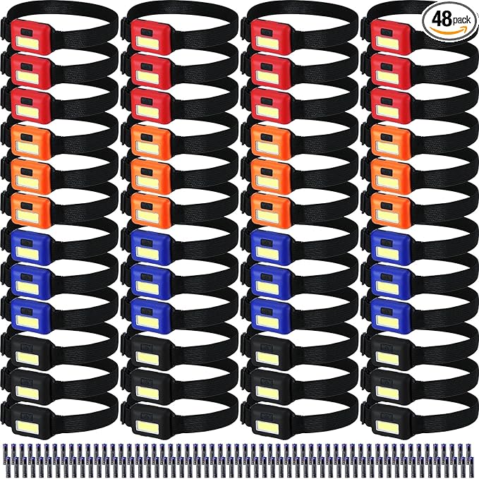 48 Pack LED Headlamp Flashlight Bright Waterproof Head Lamp Torch Cob Flood Head Light Bulk 800 lumens with 3 Modes 144 AAA Batteries for Adult Kids Running Camping Night Survival, 4 Colors