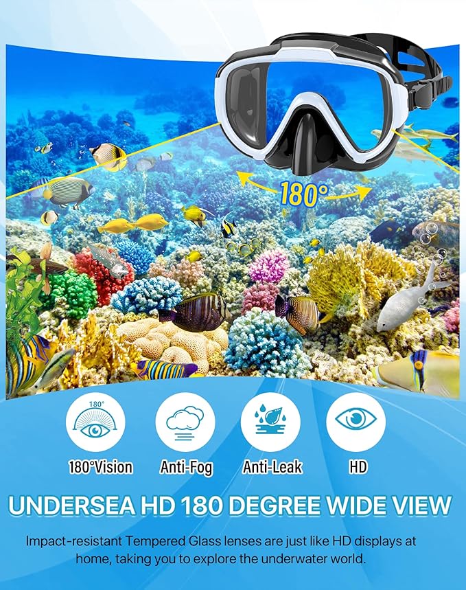 Snorkeling Gear for Adults Men Women,4 in 1 Snorkel Set with Panoramic View Diving Mask Anti-Fog Anti-Leak,Dry Top Snorkel,Fins and Travel Bag for Swimming,Snorkeling and Travel Diving