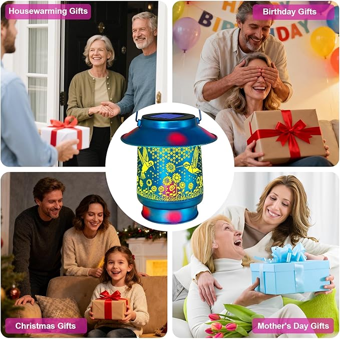 Hummingbird Solar Lanterns Outdoor Waterproof Brim,Garden Decor Birthday Gifts for Women Mom Grandma,Blue Spray Paint Metal Hanging Solar Lights Outside Decorative for Yard Patio Backyard Pathway