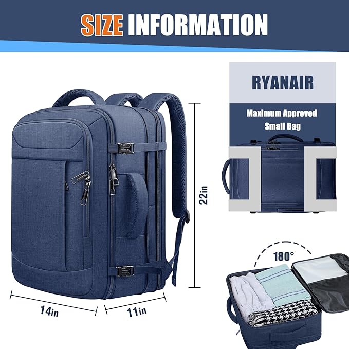 55L Travel Backpack, Extra Large Laptop Backpack, Carry On Backpack, Expandable 50L - 60L Large Luggage TSA Flight Approved Anti-Theft Laptop Bag, 18.4 Inch Business Weekender Bag For Men, Blue