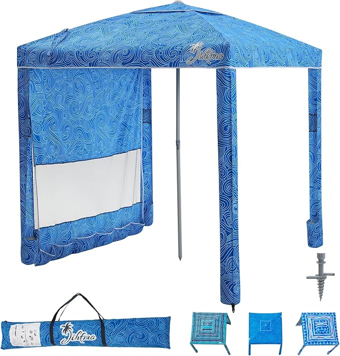 Beach Cabana, 6.2'×6.2' Beach Canopy with Side Wall, UPF 50+ UV Protection Easy Setup Tent Sun Shelter with Sand Pockets for Whole Family(Surging Waves)