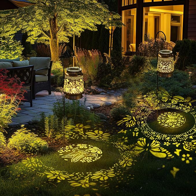 Solar Lanterns Outdoor Waterproof, 2 Pack Hummingbird & Butterfly Metal Hanging Solar Lantern, Gardening Gifts for Women Mom Grandma, Outdoor Lanterns for Yard Patio Pathway