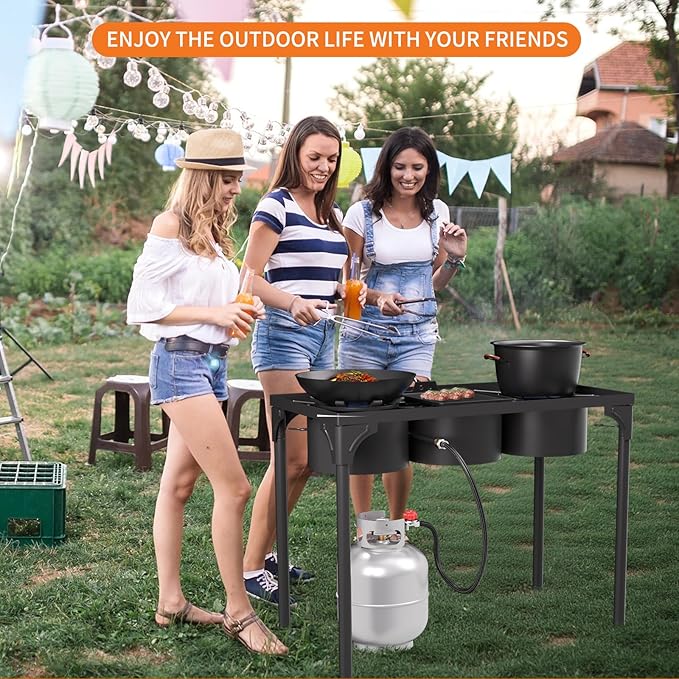 High Pressure Propane Burner, 3 Burner Camping Stove with Detachable Legs, 225,000 BTU Propane Gas Stove Burner with 0-20 PSI Regulator for Camping, Tailgating, Backyard, Outdoor Cooking