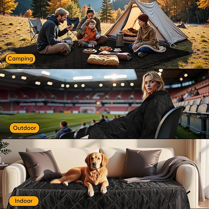 Northroad Waterproof Camping Blanket with Sherpa Lining, Large Windproof Outdoor Blanket for Cold Weather, Light Weight and Warm for Picnic, Stadium, Dog, Concert, 55"x82" (Black, 1PCS)