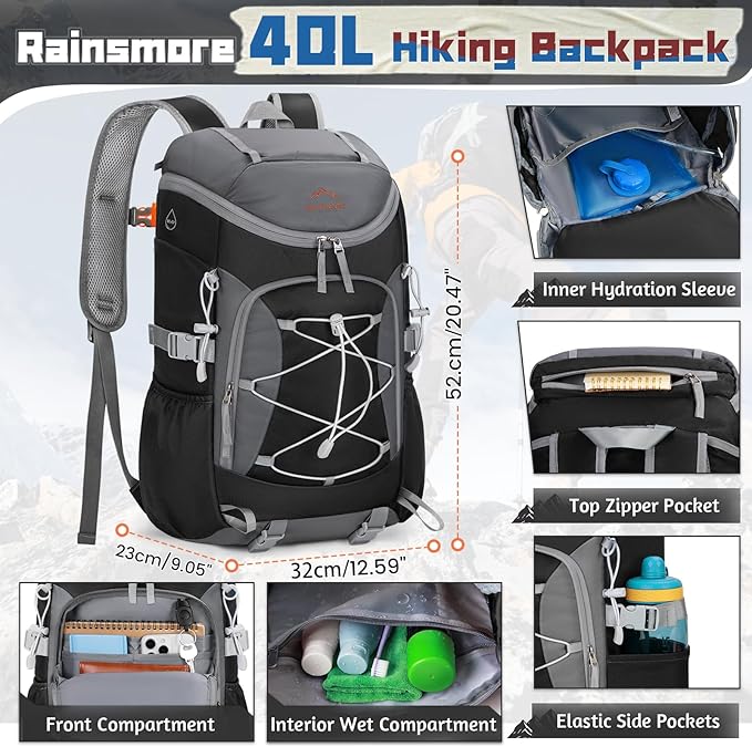 RAINSMORE Foldable Hiking Backpack for Women Men Packable Camping Backpack 40L Waterproof Hiking Daypack Bag Lightweight Collapsible Daypack for Travel Trekking Mountaineering Large Capacity Black