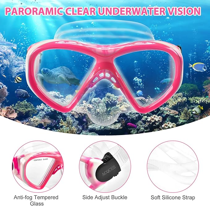 Kids Snorkel Set Dry Top Snorkeling Gear for Kids Youth Boys Girls Junior Age 5-15,Tempered Glass Swimming Diving Mask and Snorkel Set 180 Degree Panoramic View