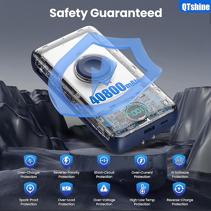 Portable Charger 40800mAh Power Bank with Built-in Cables,Wall Plug and iWatch Charger,6-in-1 QC4.0+25W PD USB C Fast Phone Charging,LCD Display Battery Pack for iPhone 16/15,Apple Watch,Galaxy-Navy