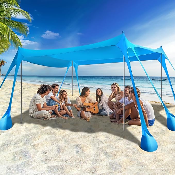 Rhino Valley Beach Tent Shade Canopy UPF50+ Protection, 8 Sandbags, 4 Stability Poles, Outdoor Sun Shelter Umbrella for Sand, Camping, Fishing Essentials