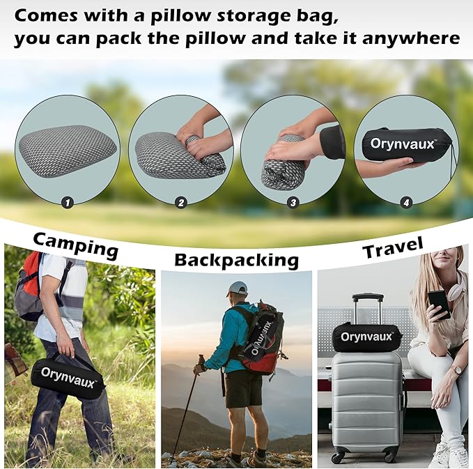 Memory Foam Camping Pillow - Lightweight & Portable Small Travel Pillow for Airplane & Train Travel, Camping, Backpacking, Removable Washable Cover, Easy to Clean, Includes Storage Bag
