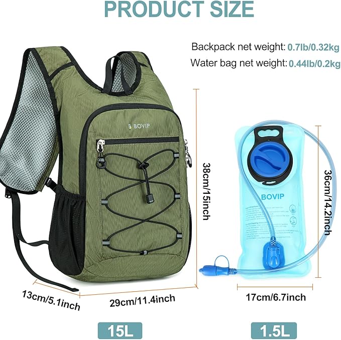 BOVIP Lightweight Hydration Back,15L Multipurpose Hiking Backpack with 1.5L Water Bladder ,Hydro Water Daypack for Cycling Hiking Rave for Men Women