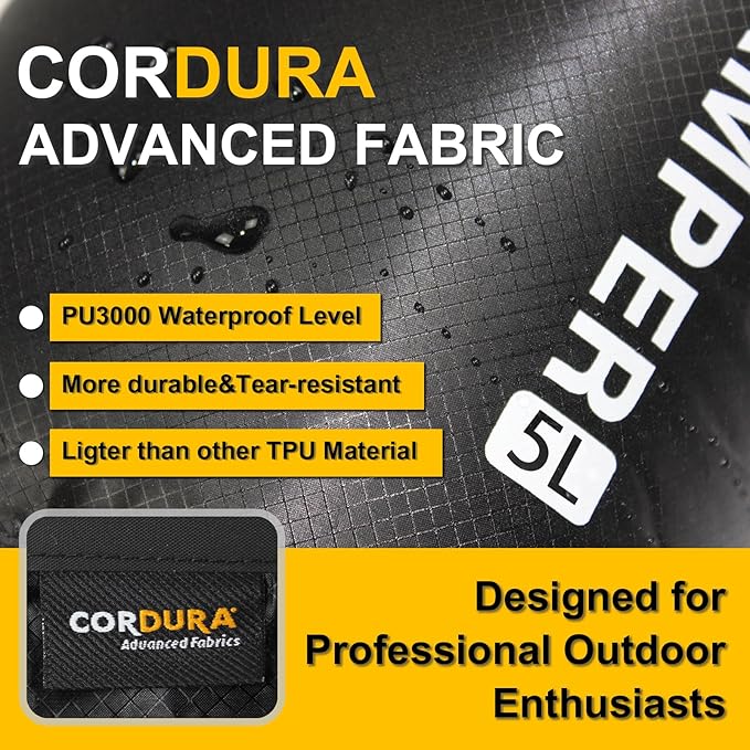 CORDURA Waterproof Dry Bag-Upgraded Tear-Resistant Roll Top Sack with Survival Whistle -Ultra-Light&Portable-Designed for High-Intensity Adventures-Keeps Gear Dry&Secure (5L/Orange)