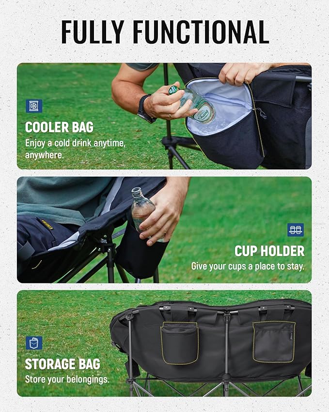 KingCamp Double Camping Chair, Oversized Heavy Duty Loveseat for Adults Portable Folding XL 2 Person Couch Padded Comfortable Two Seat with Cup Holder for Outdoor Lawn Backyard