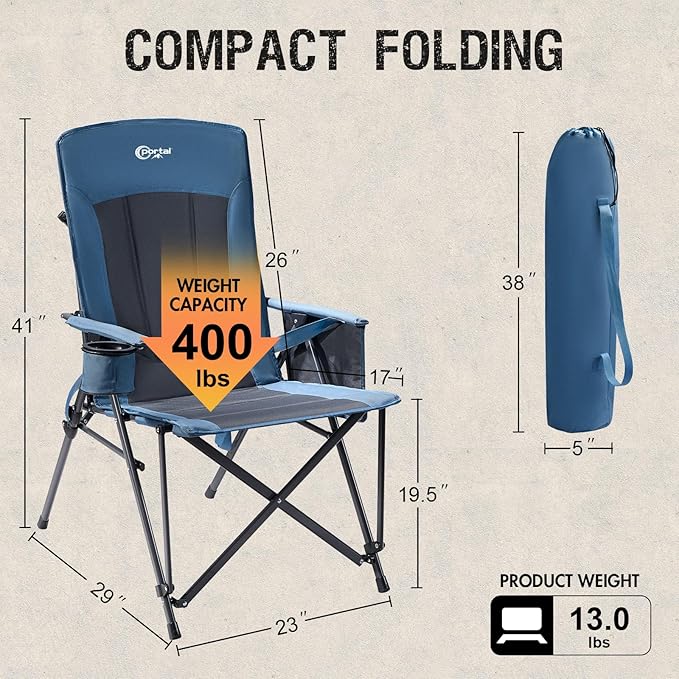 Portal Camping Chair with Lumbar Support for Adults Folding Portable High Back Oversized, 400LBS