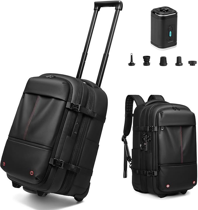 Fiordcase Vacuum Rolling Backpack with Vacuum System, Pump and Charging Port, Carry On Luggage with Vacuum Seal Bag, Wheels, TSA Lock, Travel Suitcase with Vacuum Compression Bag for 17" Laptop
