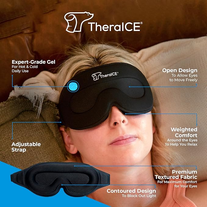 TheraICE Sleep Mask + Cooling Gel Relief - Sleep Eye Mask Blackout Blindfold Cold - 3D Contoured Relaxing No Pressure Eye Cover to Block Light for Comfortable Soothing Night Sleeping/Men & Women
