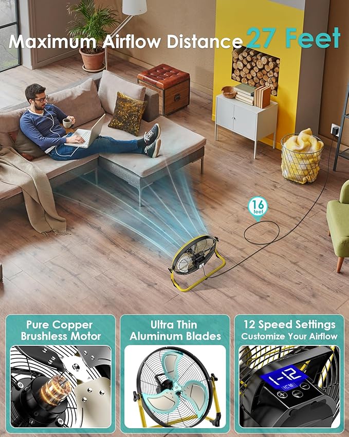 ZHULI 14" Portable Battery Operated Floor Fan, Rechargeable Cordless Camping Fan, Hi-Velocity Brushless Motor, Metal blade, USB Phone Charge, 8~60H Runtime, Quiet, Wireless, For Outdoor Home Workshop