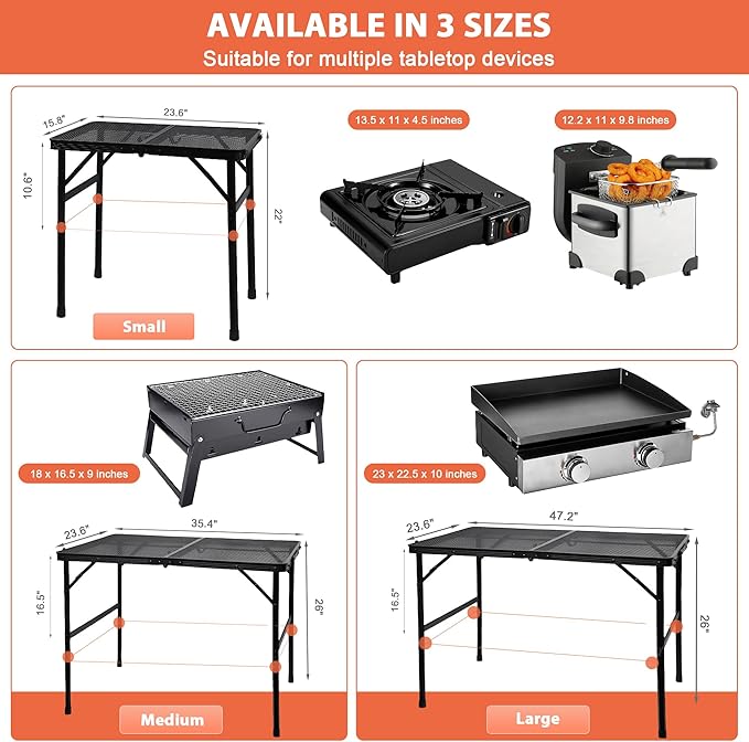 Camping Table with Mesh Desktop, Lightweight & Portable Folding Grill Table, Height Adjustable Metal Outdoor Table for Camp, Cooking, BBQ, RV, Picnic-4 FT Black